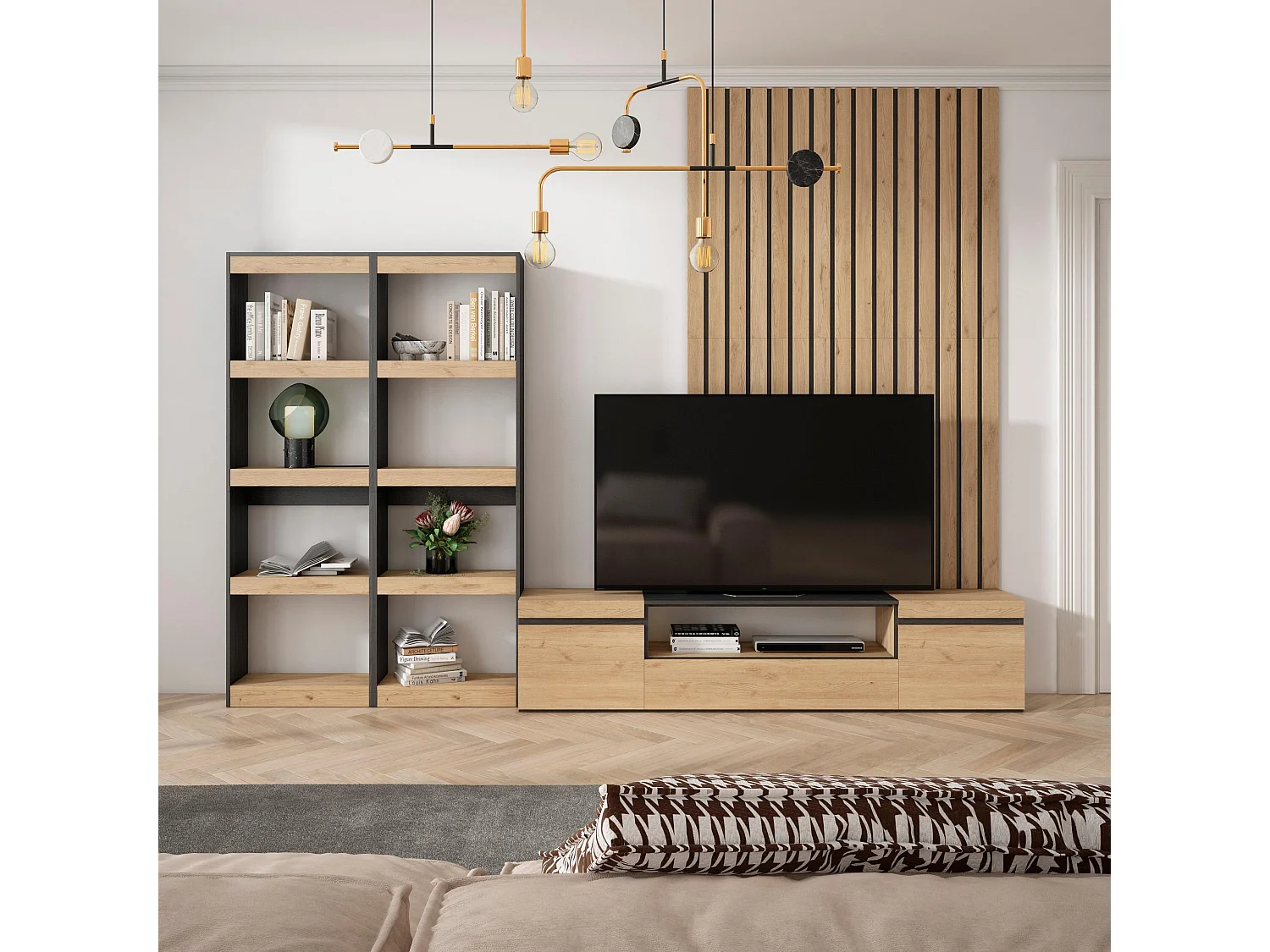 Ensemble Meuble TV, 320x35x186cm, Pour les TV jusqu'à 80", Salon Complet, Chêne et noir