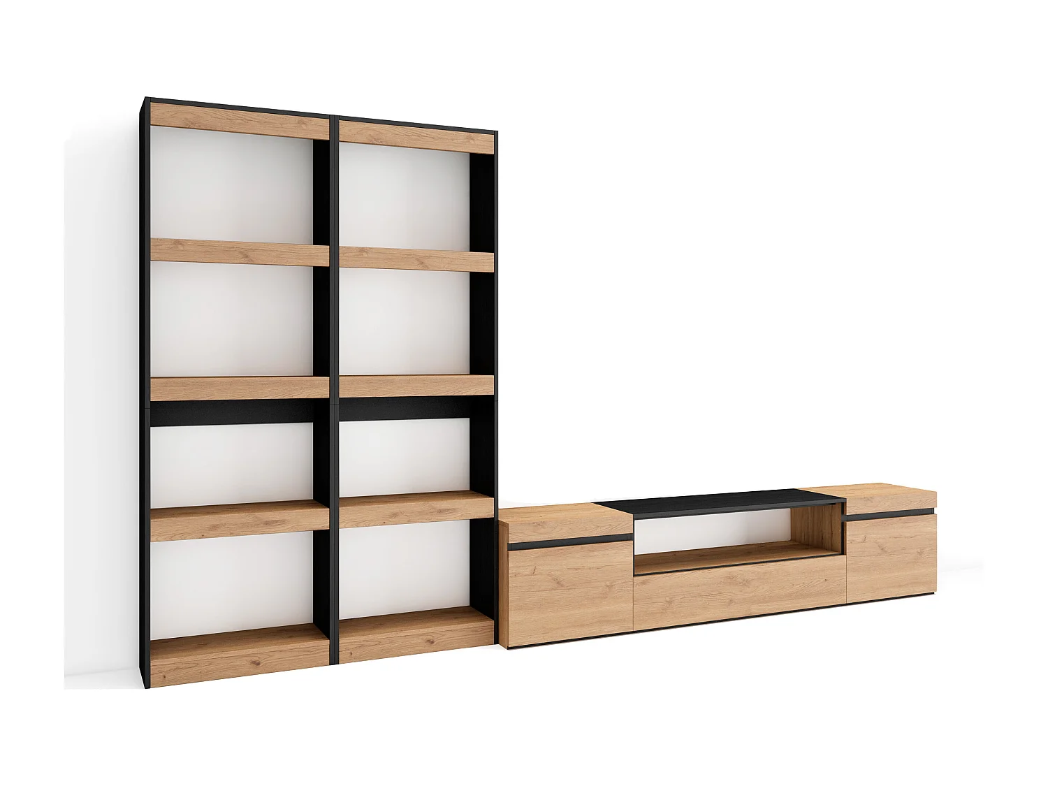 Ensemble Meuble TV, 320x35x186cm, Pour les TV jusqu'à 80", Salon Complet, Chêne et noir