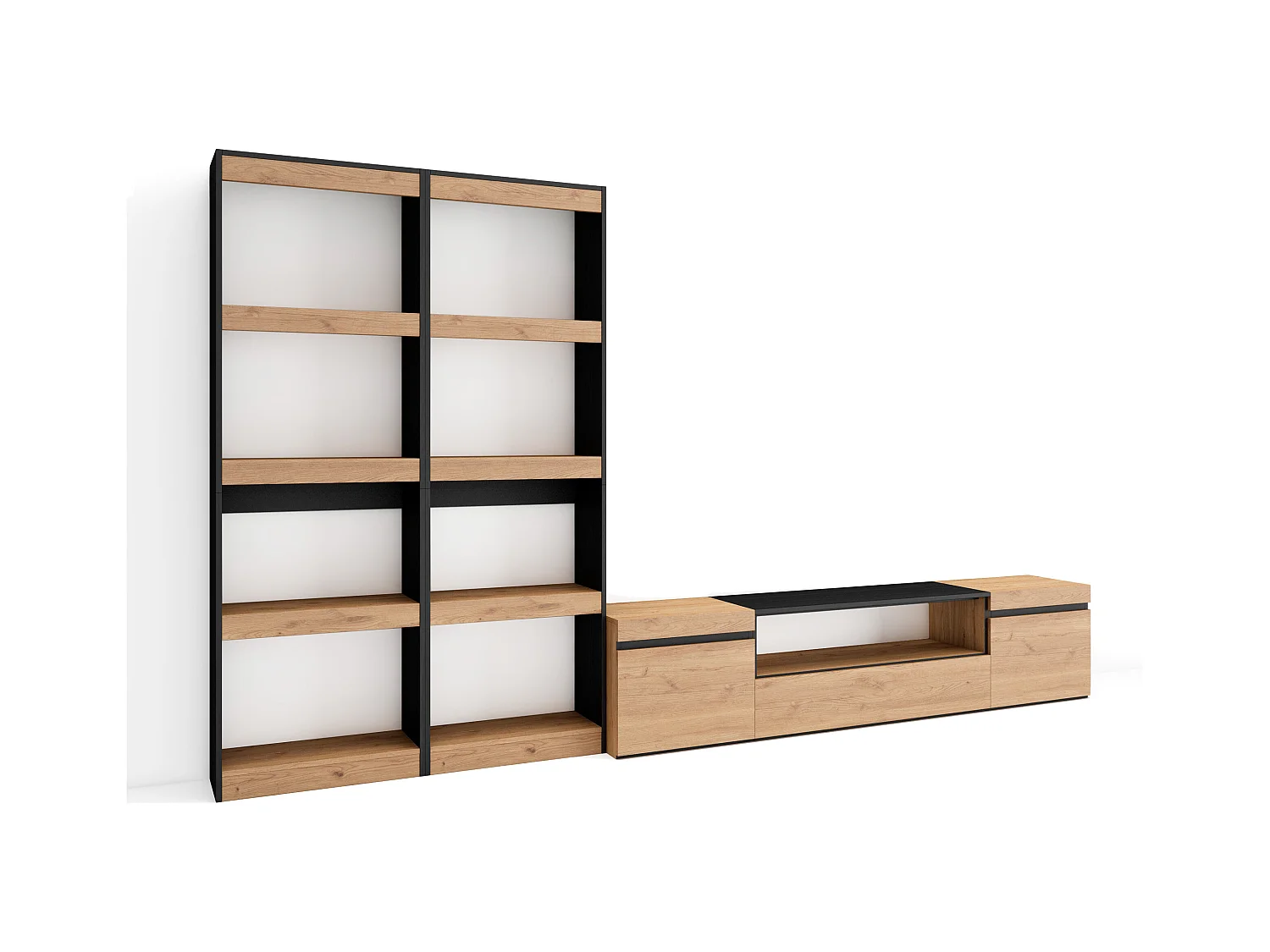Ensemble Meuble TV, 320x35x186cm, Pour les TV jusqu'à 80", Salon Complet, Chêne et noir