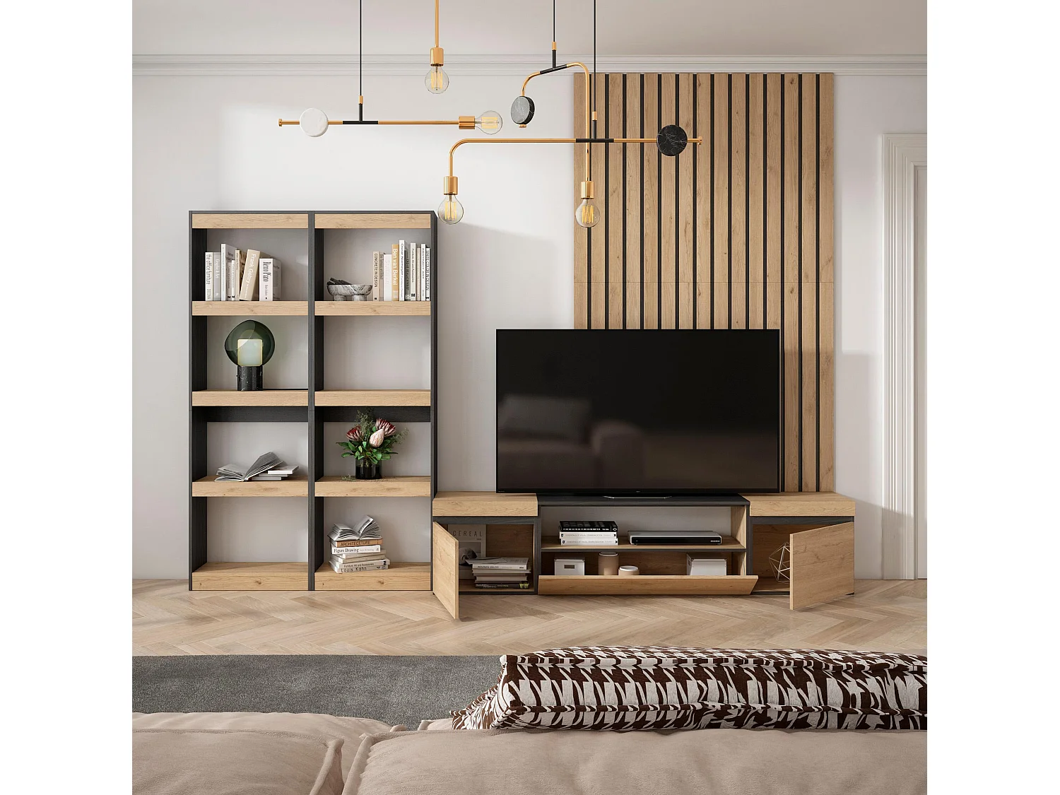 Ensemble Meuble TV, 320x35x186cm, Pour les TV jusqu'à 80", Salon Complet, Chêne et noir