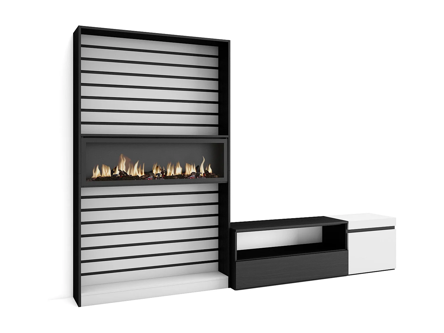 Muebles de Salón para TV, 260x35x186cm, Para TV hasta 65", Chimenea eléctrica, Blanco y negro