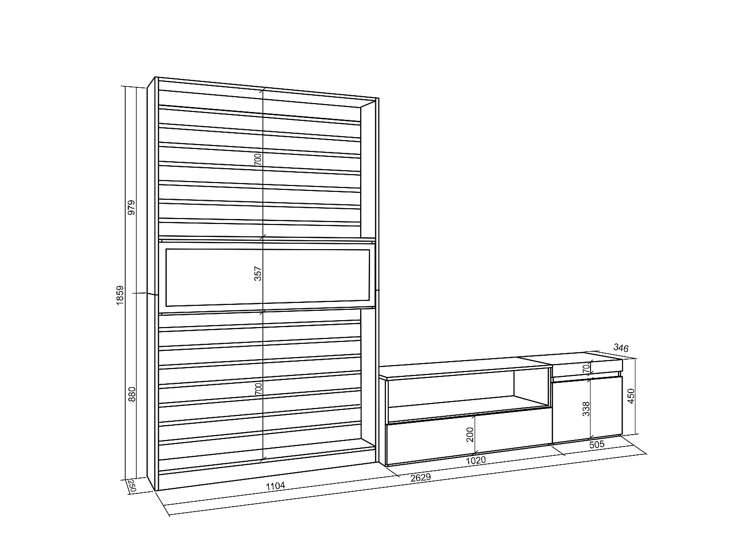 Wohnwand Wohnzimmer, 260x35x186cm, Für TV-Geräte bis zu 65", Elektrokamin. Maße, Weiß und Schwarz