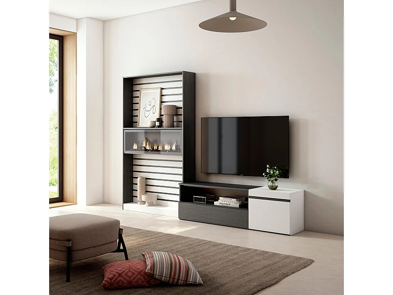 Wohnwand Wohnzimmer, 260x35x186cm, Für TV-Geräte bis zu 65", Elektrokamin. Maße, Weiß und Schwarz