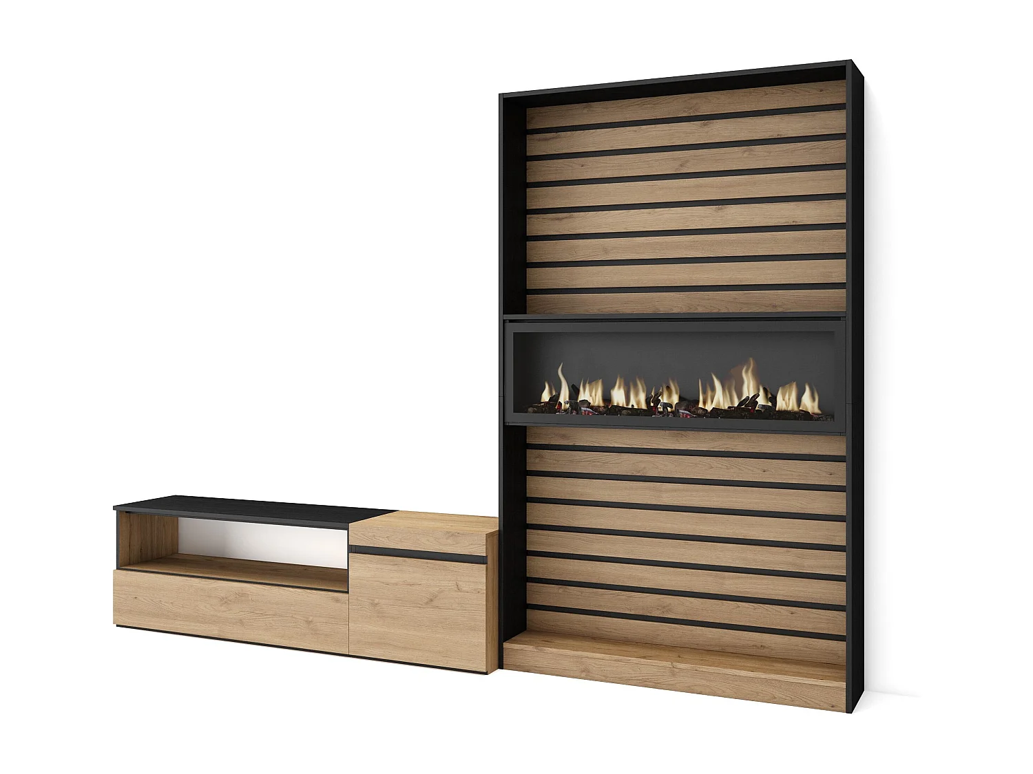 Ensemble Meuble TV, 260x35x186cm, Pour les TV jusqu'à 65", Cheminée électrique, Chêne et noir