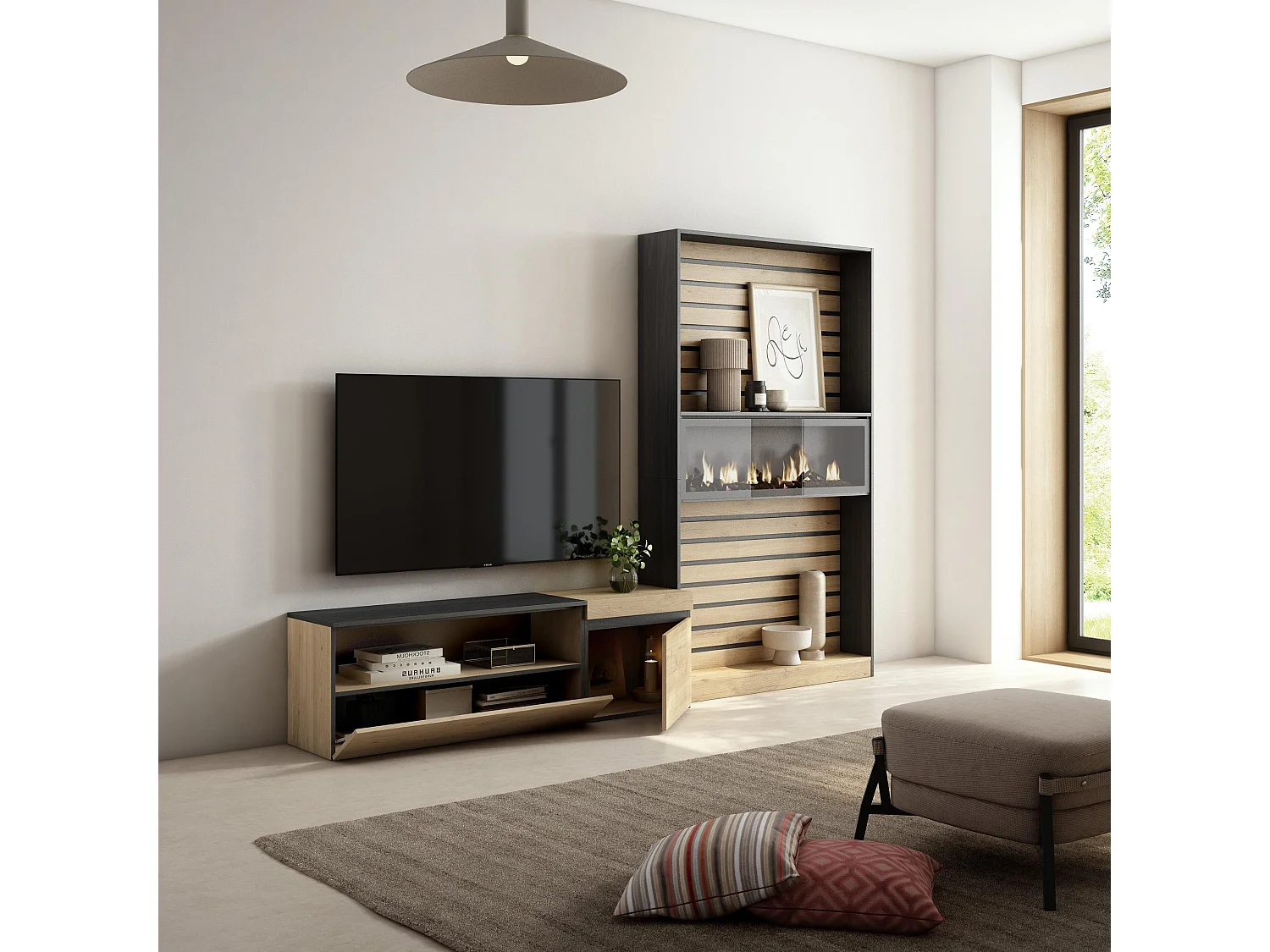Ensemble Meuble TV, 260x35x186cm, Pour les TV jusqu'à 65", Cheminée électrique, Chêne et noir