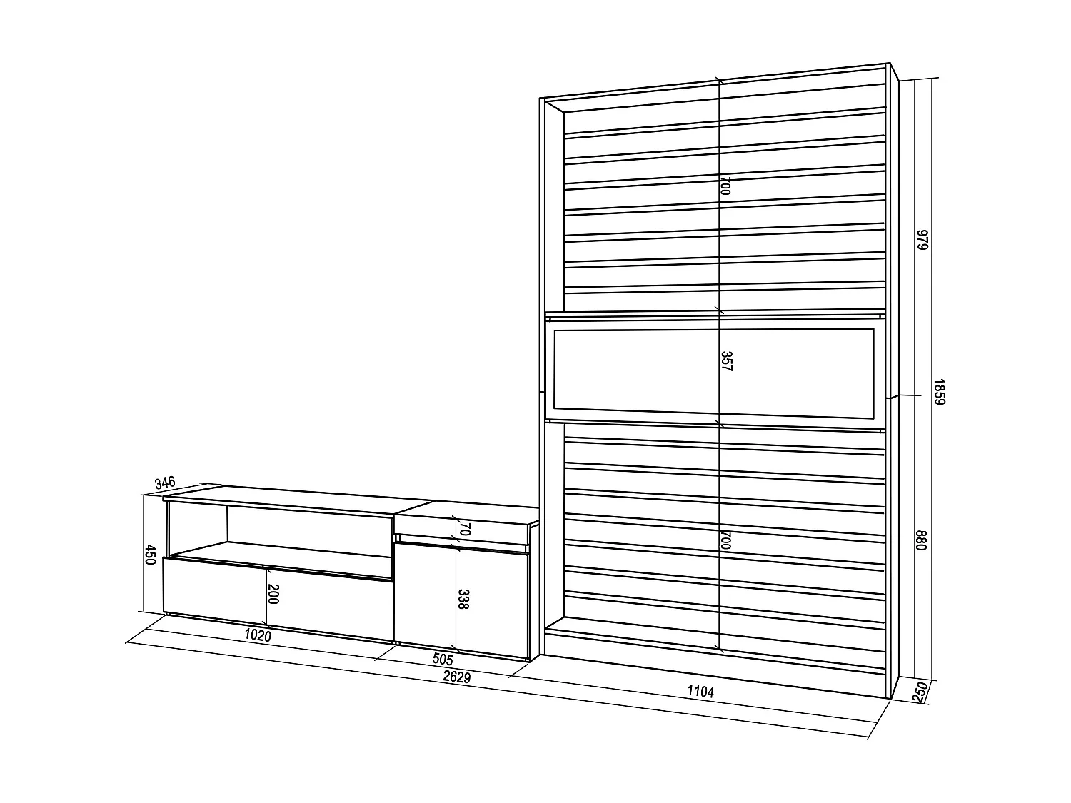 Ensemble Meuble TV, 260x35x186cm, Pour les TV jusqu'à 65", Cheminée électrique, Chêne et noir