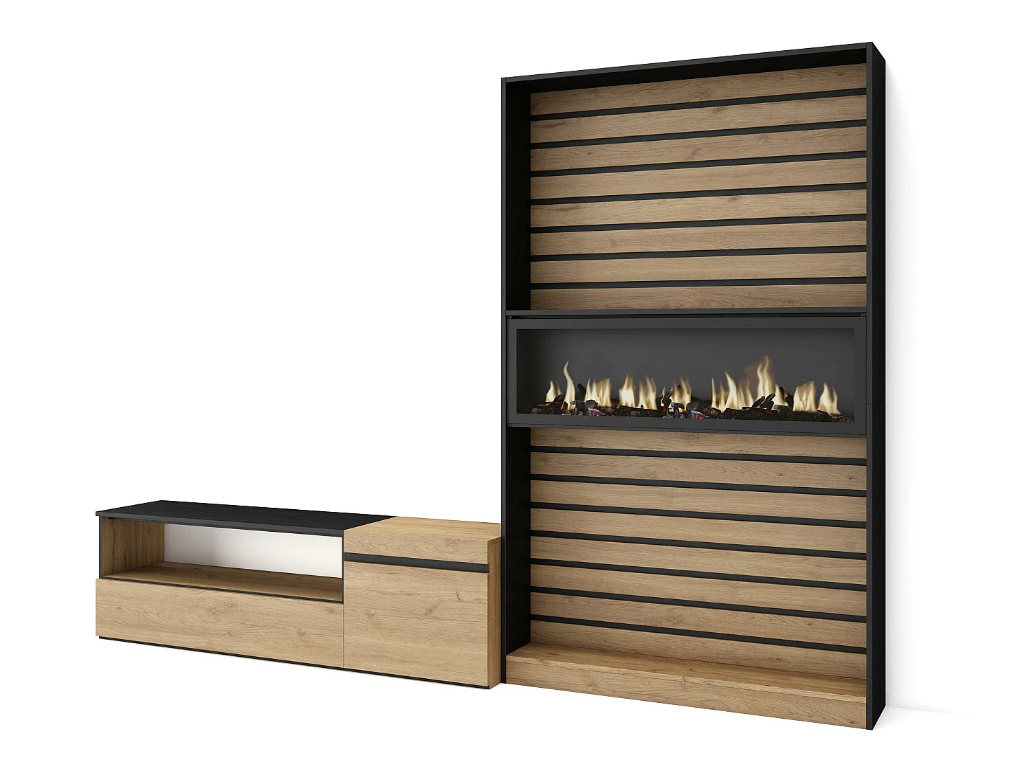 Ensemble Meuble TV, 260x35x186cm, Pour les TV jusqu'à 65", Cheminée électrique, Chêne et noir