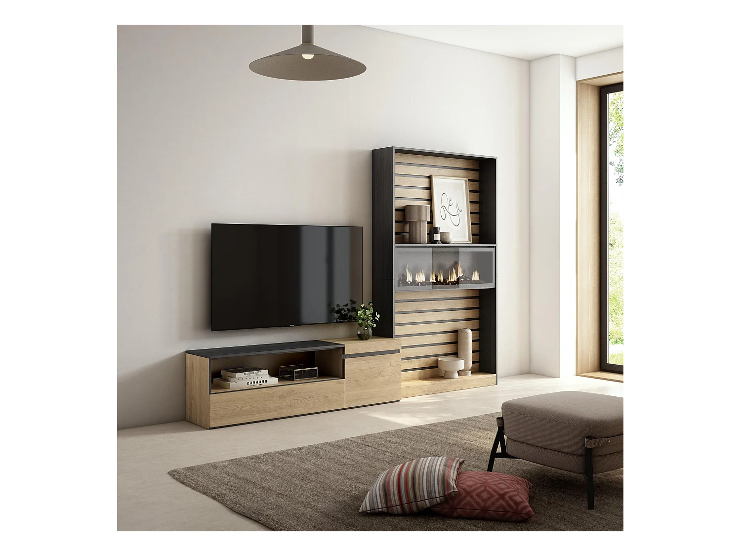 Wohnwand Wohnzimmer, 260x35x186cm, Für TV-Geräte bis zu 65", Elektrokamin. Maße, Eiche Schwarz