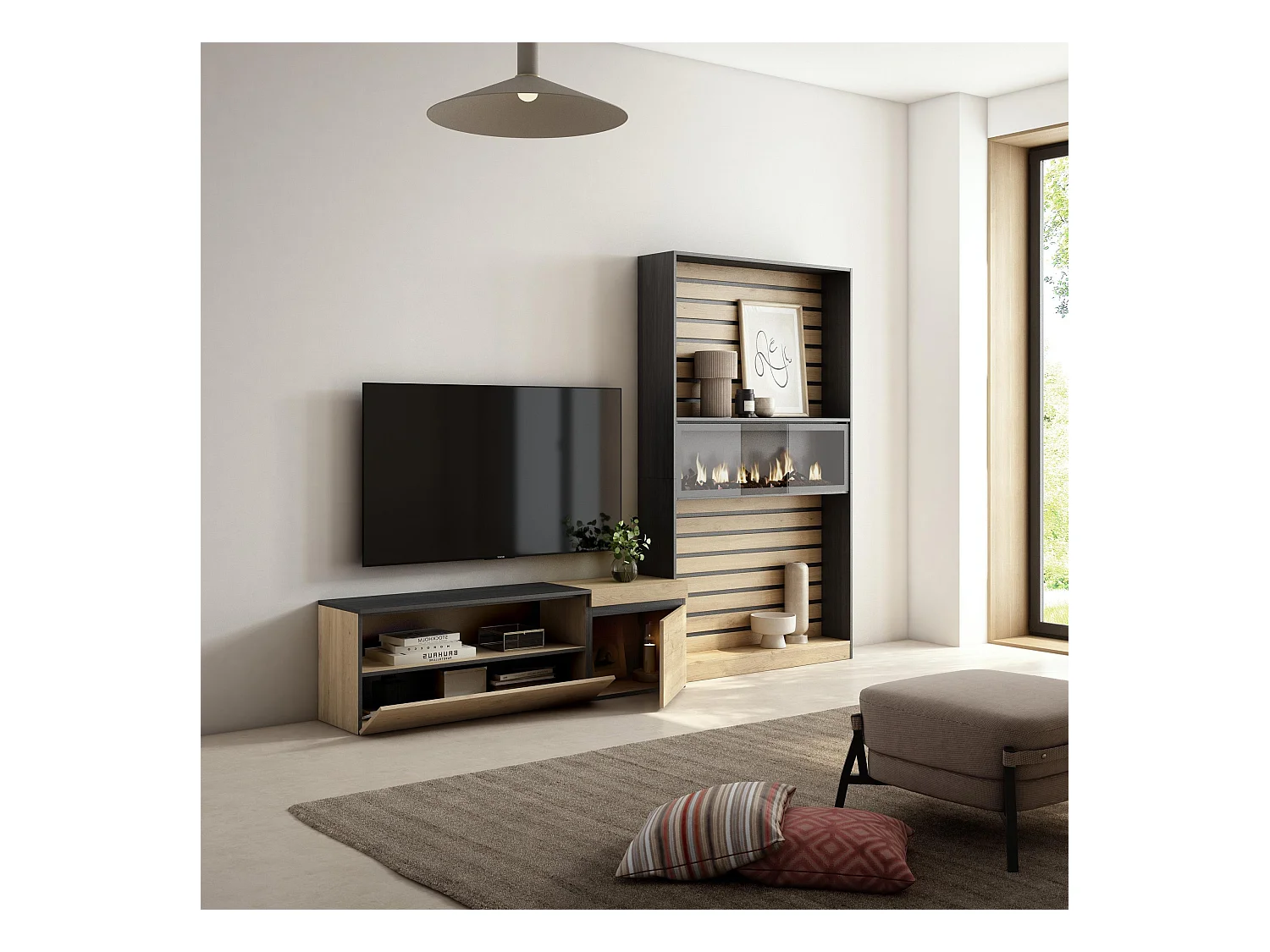 Wohnwand Wohnzimmer, 260x35x186cm, Für TV-Geräte bis zu 65", Elektrokamin. Maße, Eiche Schwarz