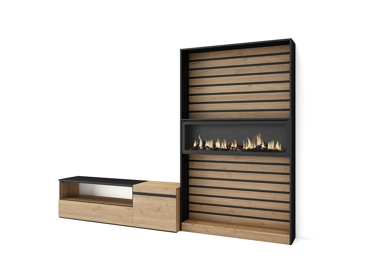 Ensemble Meuble TV, 260x35x186cm, Pour les TV jusqu'à 65", Cheminée électrique, Chêne et noir