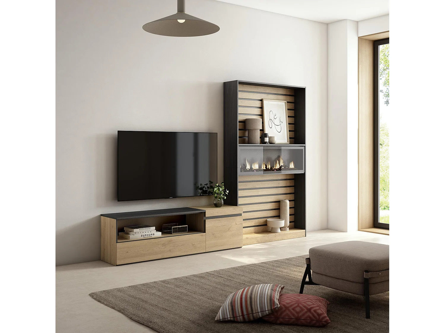 Ensemble Meuble TV, 260x35x186cm, Pour les TV jusqu'à 65", Cheminée électrique, Chêne et noir