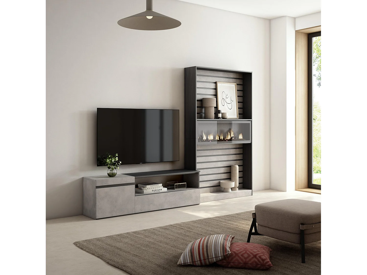Ensemble Meuble TV, 260x186x35cm, Pour les TV jusqu'à 65", Cheminée électrique, Ciment