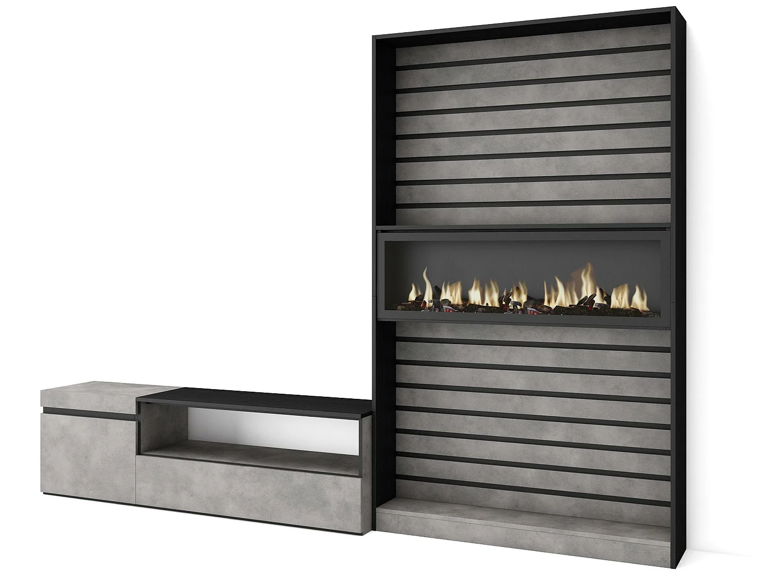 Ensemble Meuble TV, 260x186x35cm, Pour les TV jusqu'à 65", Cheminée électrique, Ciment