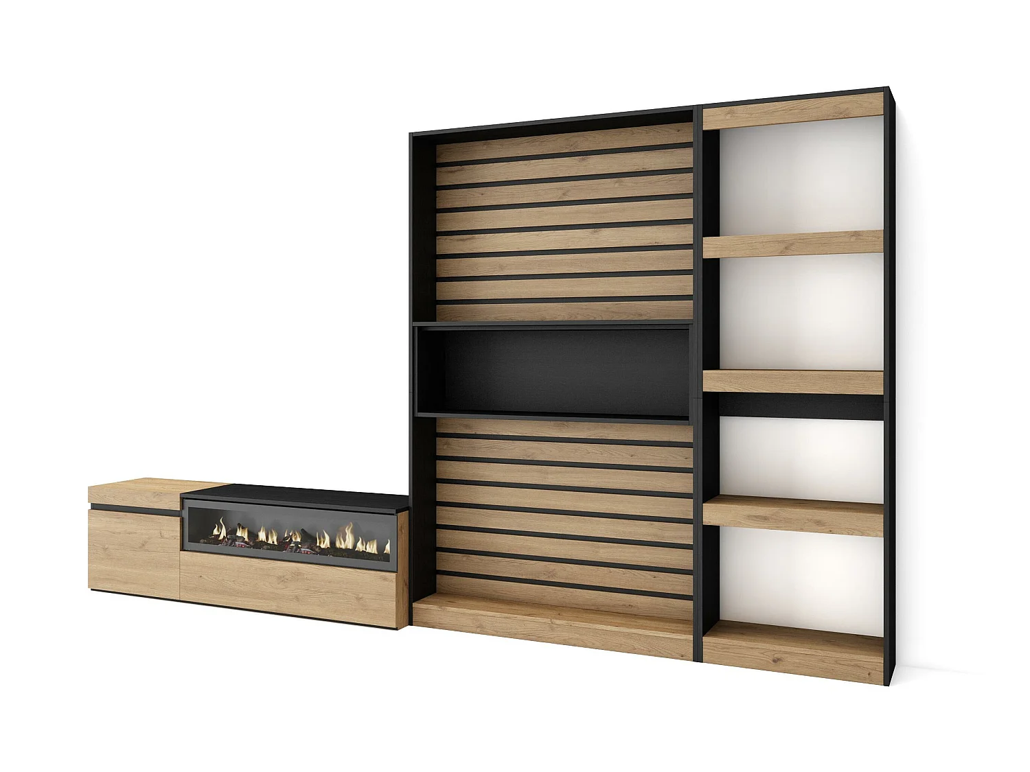 Ensemble Meuble TV, 320x35x186cm, Cheminée électrique, Chêne et noir