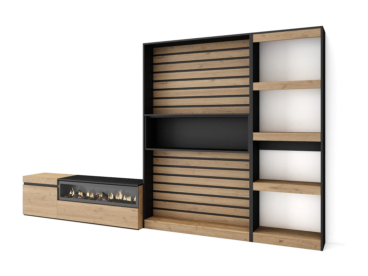 Ensemble Meuble TV, 320x35x186cm, Cheminée électrique, Chêne et noir