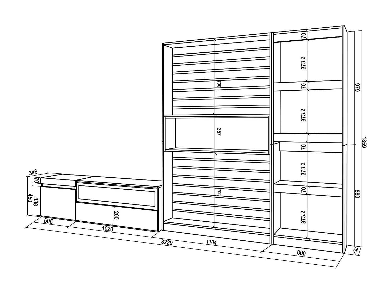 Ensemble Meuble TV, 320x35x186cm, Cheminée électrique, Chêne et noir