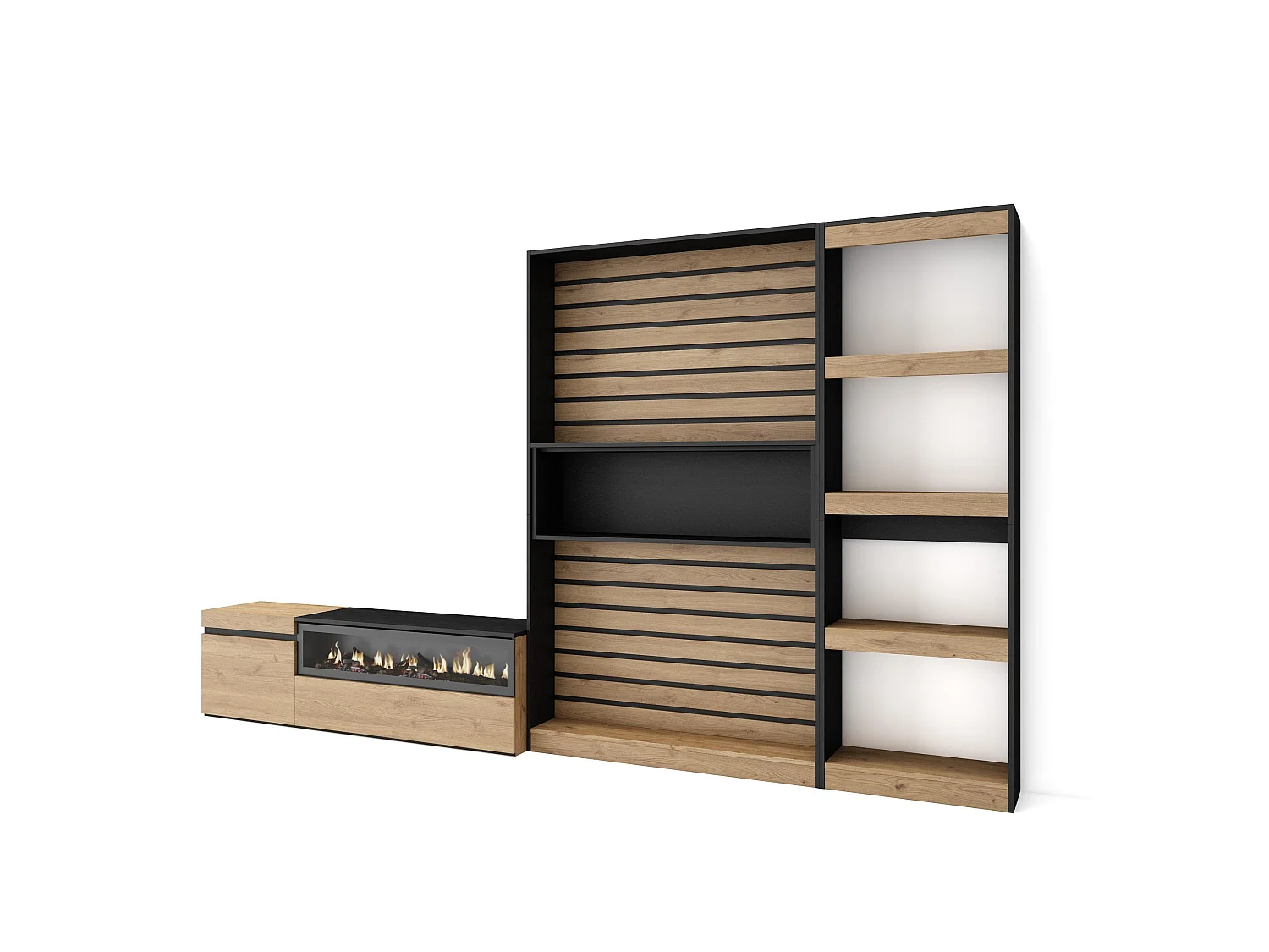 Conjunto de móveis TV, 320x35x186cm, Lareira eléctrica, Carvahlo e preto