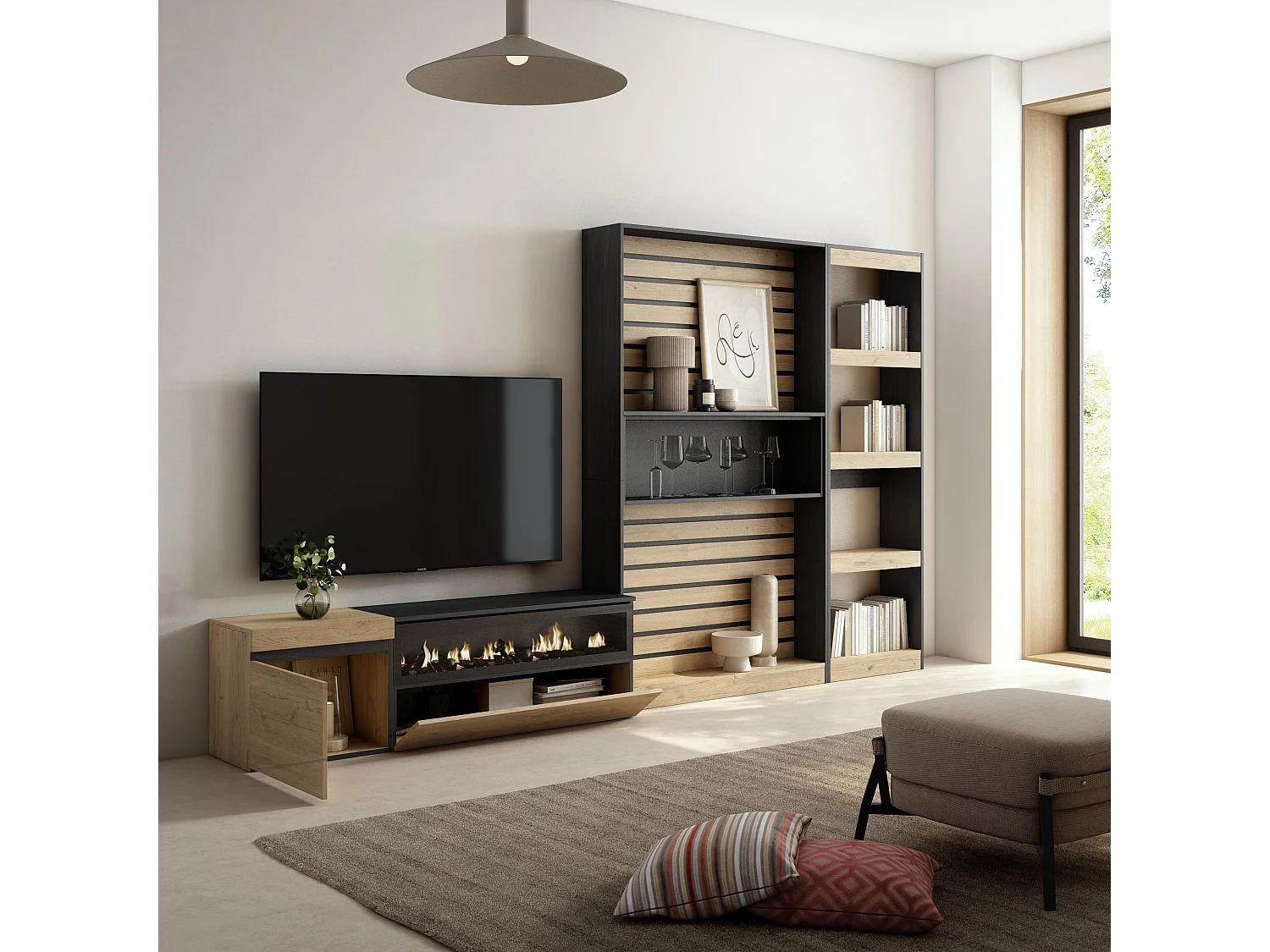 Conjunto de móveis TV, 320x35x186cm, Lareira eléctrica, Carvahlo e preto