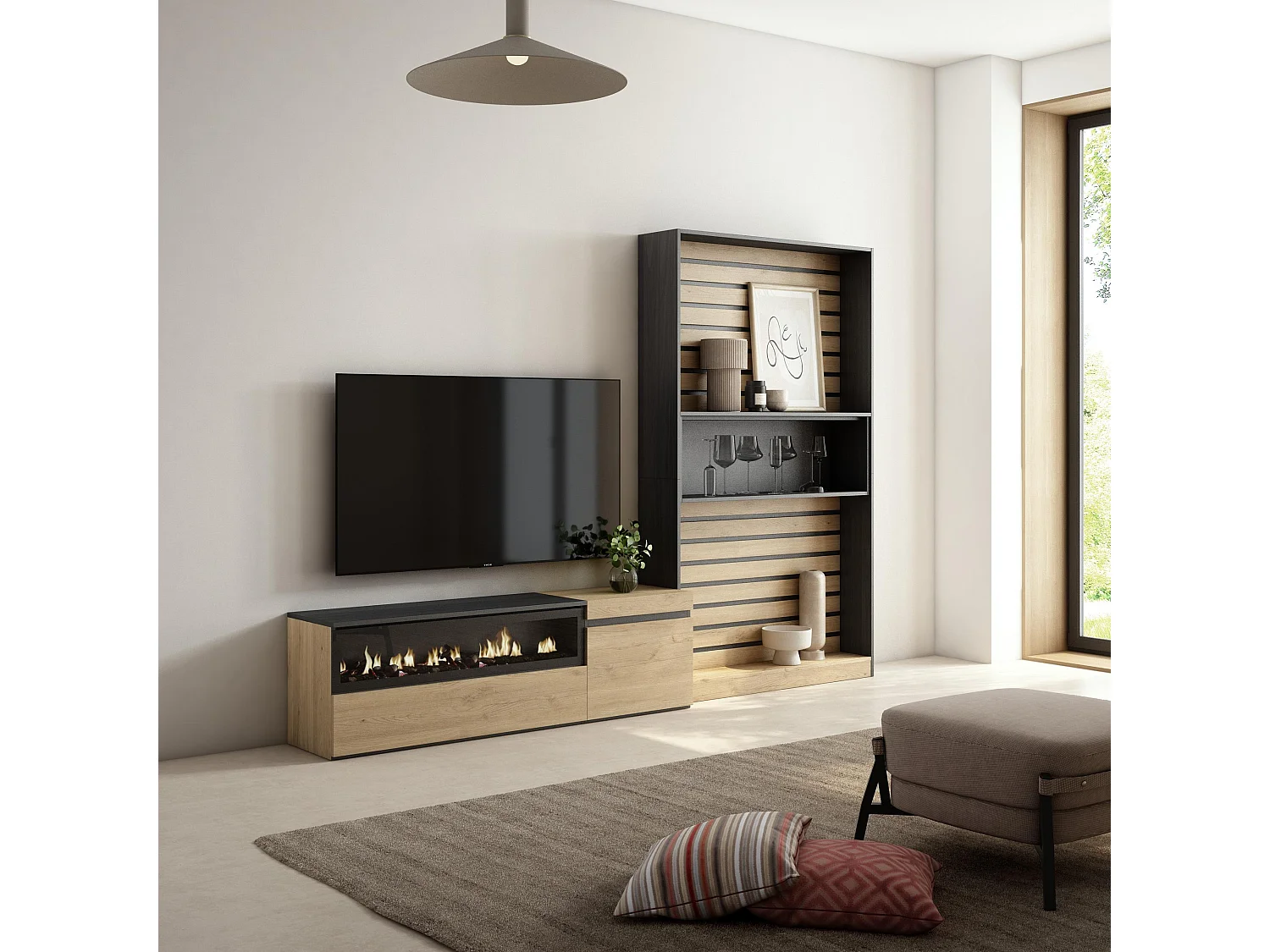 Ensemble Meuble TV, 260x35x186cm, Pour les TV jusqu'à 65", Cheminée électrique, Chêne et noir