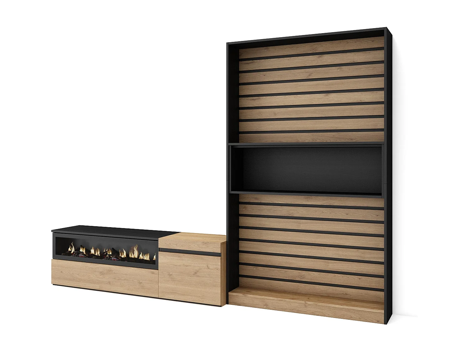 Ensemble Meuble TV, 260x35x186cm, Pour les TV jusqu'à 65", Cheminée électrique, Chêne et noir