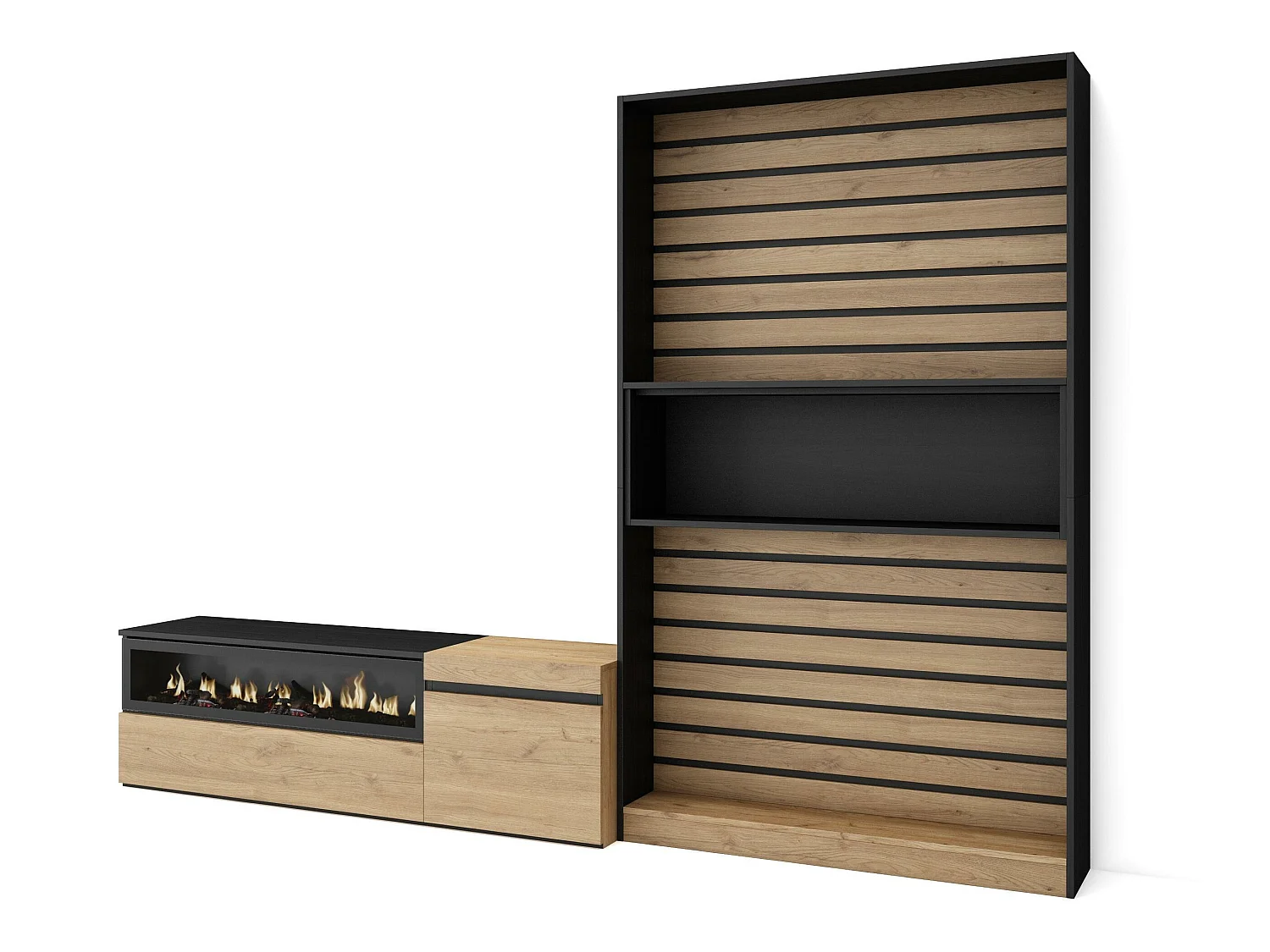 Meubels voor woonkamer, 260x35x186cm, Voor tv's tot 65", Elektrische haard, Eiken/Zwart