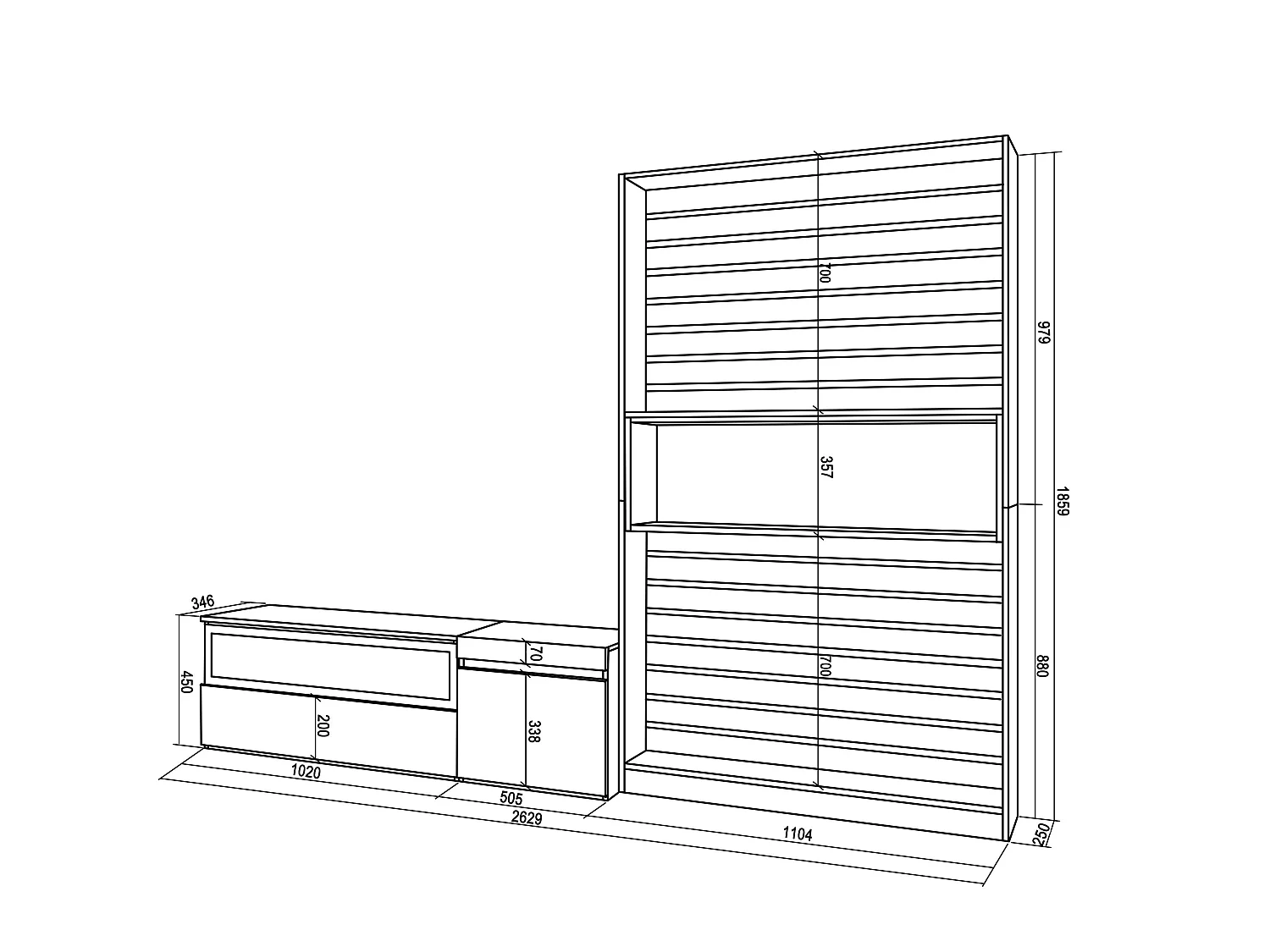 Ensemble Meuble TV, 260x35x186cm, Pour les TV jusqu'à 65", Cheminée électrique, Chêne et noir