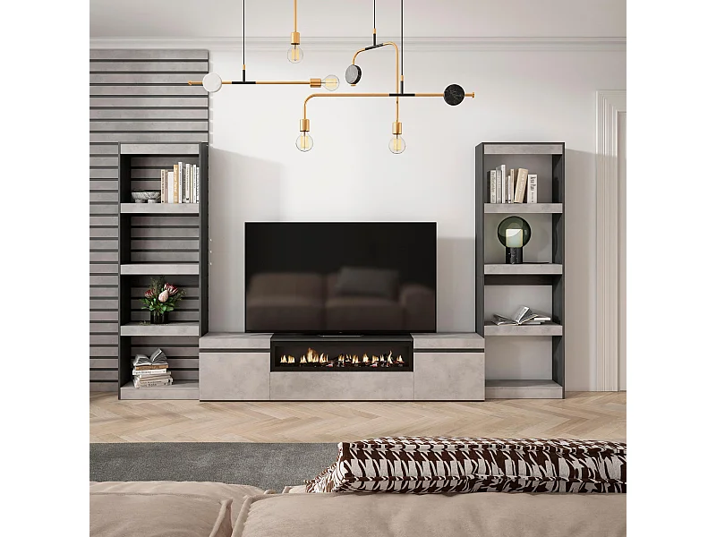 Mobile Soggiorno TV, 320x35x186cm, Per TV fino a 80", Camino elettrico, Cemento