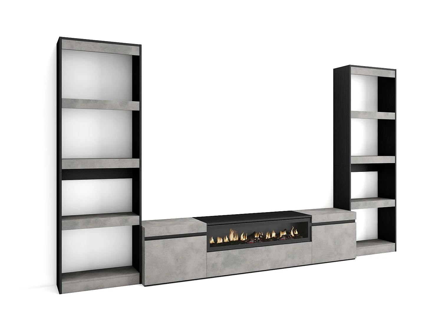 Ensemble Meuble TV, 320x35x186cm, Pour les TV jusqu'à 80", Cheminée électrique, Ciment