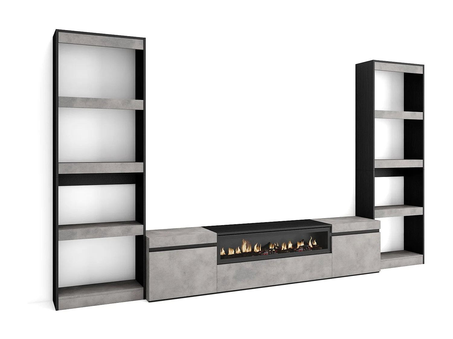 Ensemble Meuble TV, 320x35x186cm, Pour les TV jusqu'à 80", Cheminée électrique, Ciment