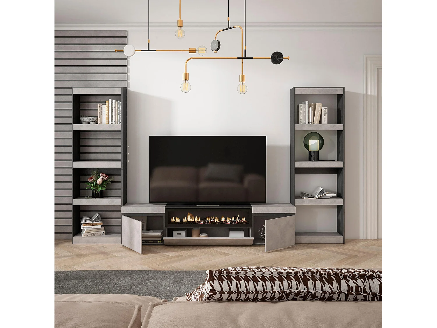 Ensemble Meuble TV, 320x35x186cm, Pour les TV jusqu'à 80", Cheminée électrique, Ciment