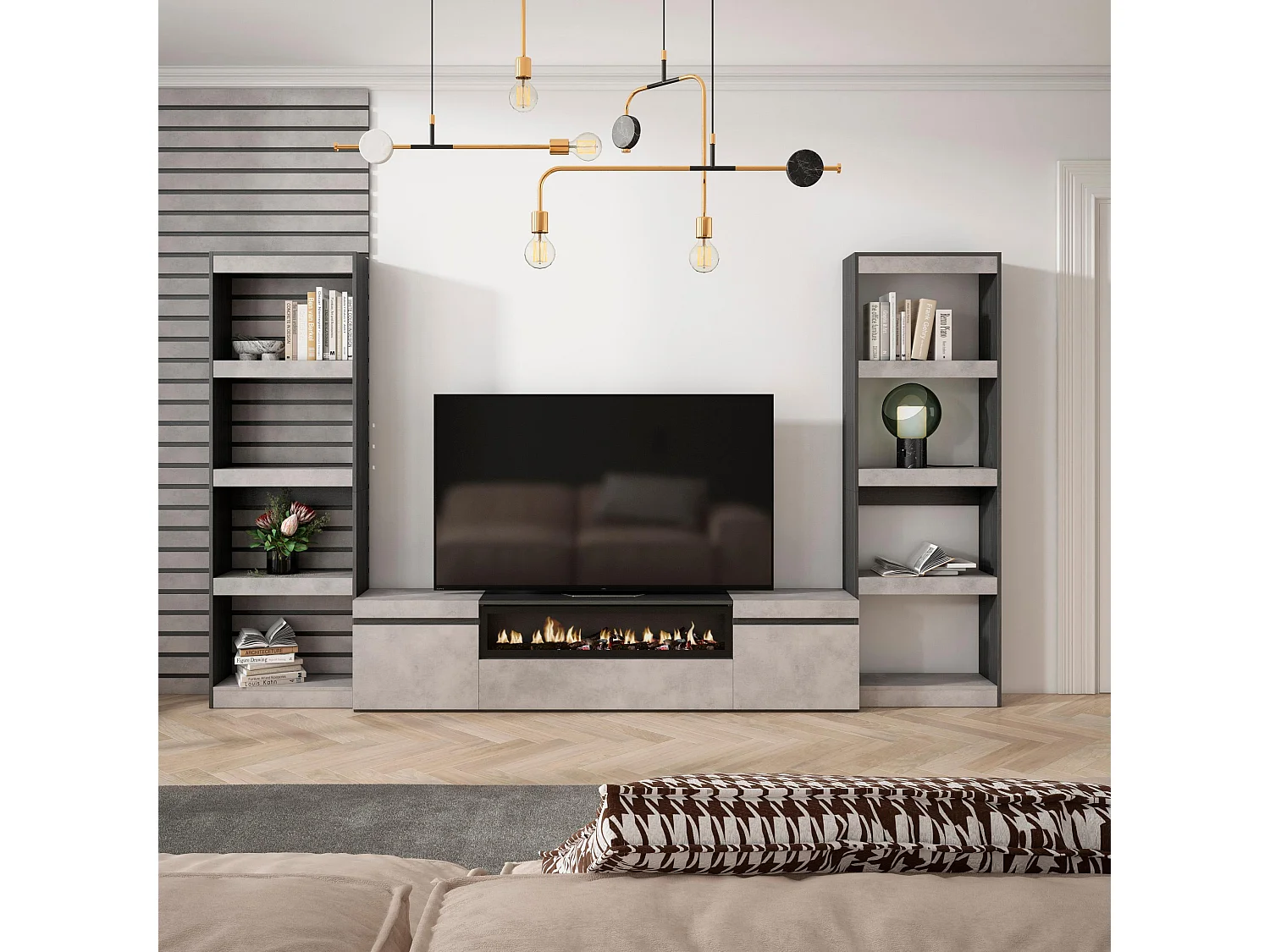 Ensemble Meuble TV, 320x35x186cm, Pour les TV jusqu'à 80", Cheminée électrique, Ciment