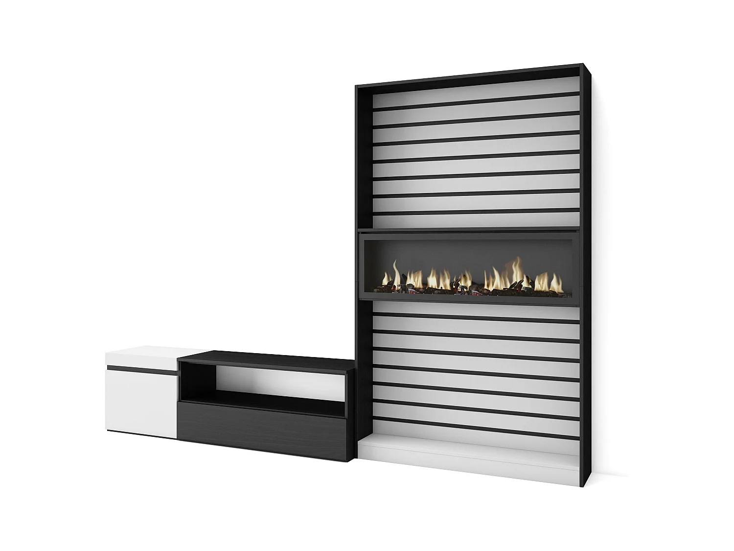 Ensemble Meuble TV, 260x35x186cm, Pour les TV jusqu'à 65", Cheminée électrique, Blanc et noir