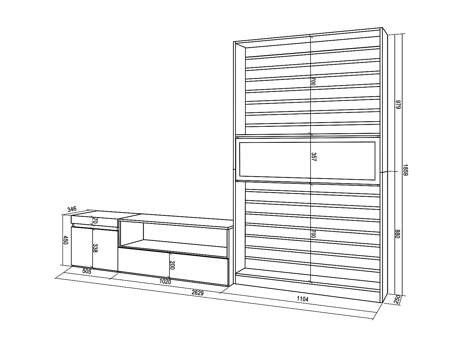 Ensemble Meuble TV, 260x35x186cm, Pour les TV jusqu'à 65", Cheminée électrique, Blanc et noir