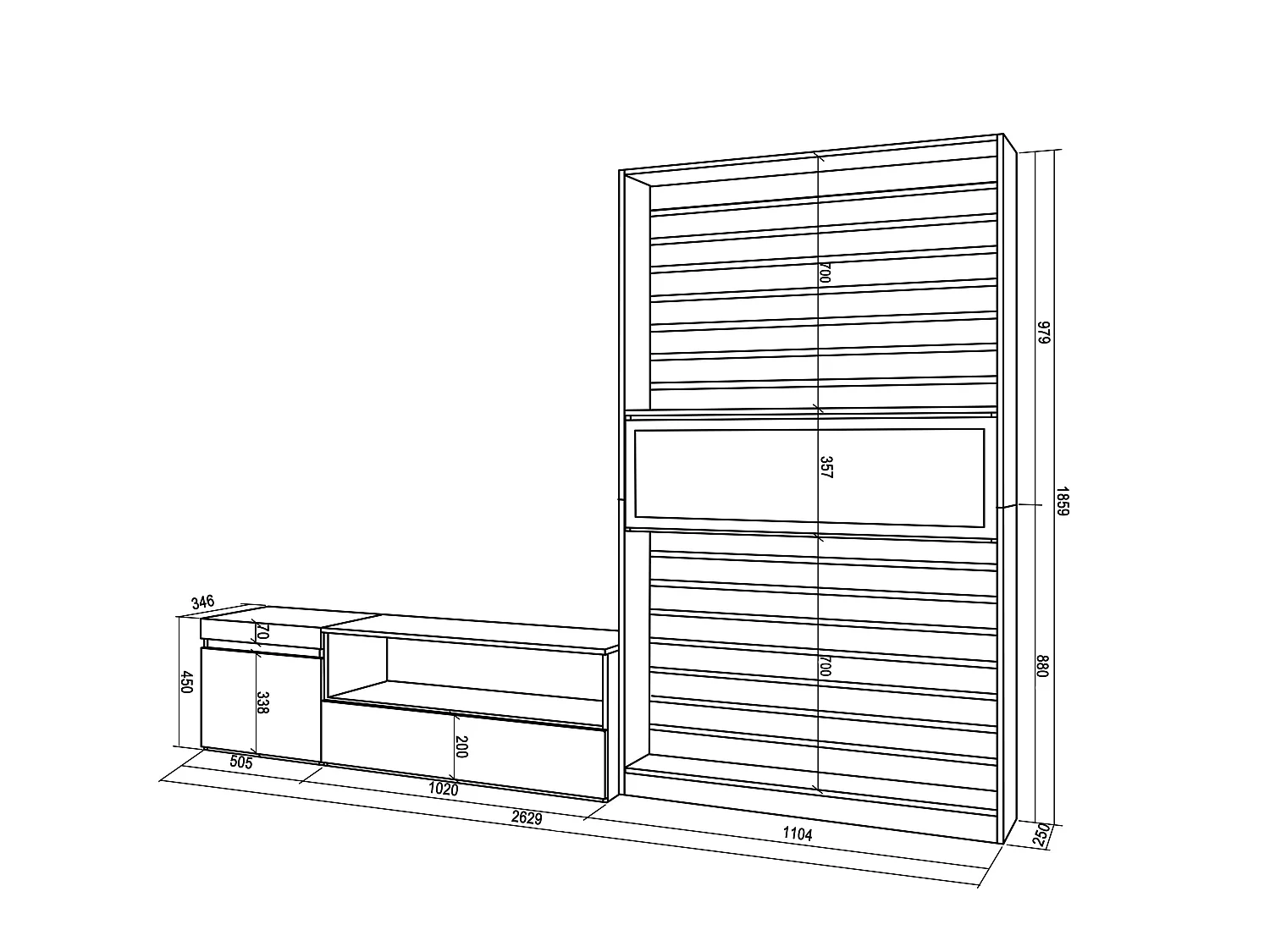 Wohnwand Wohnzimmer, 260x35x186cm, Für TV-Geräte bis zu 65", Elektrokamin. Maße, Weiß und Schwarz