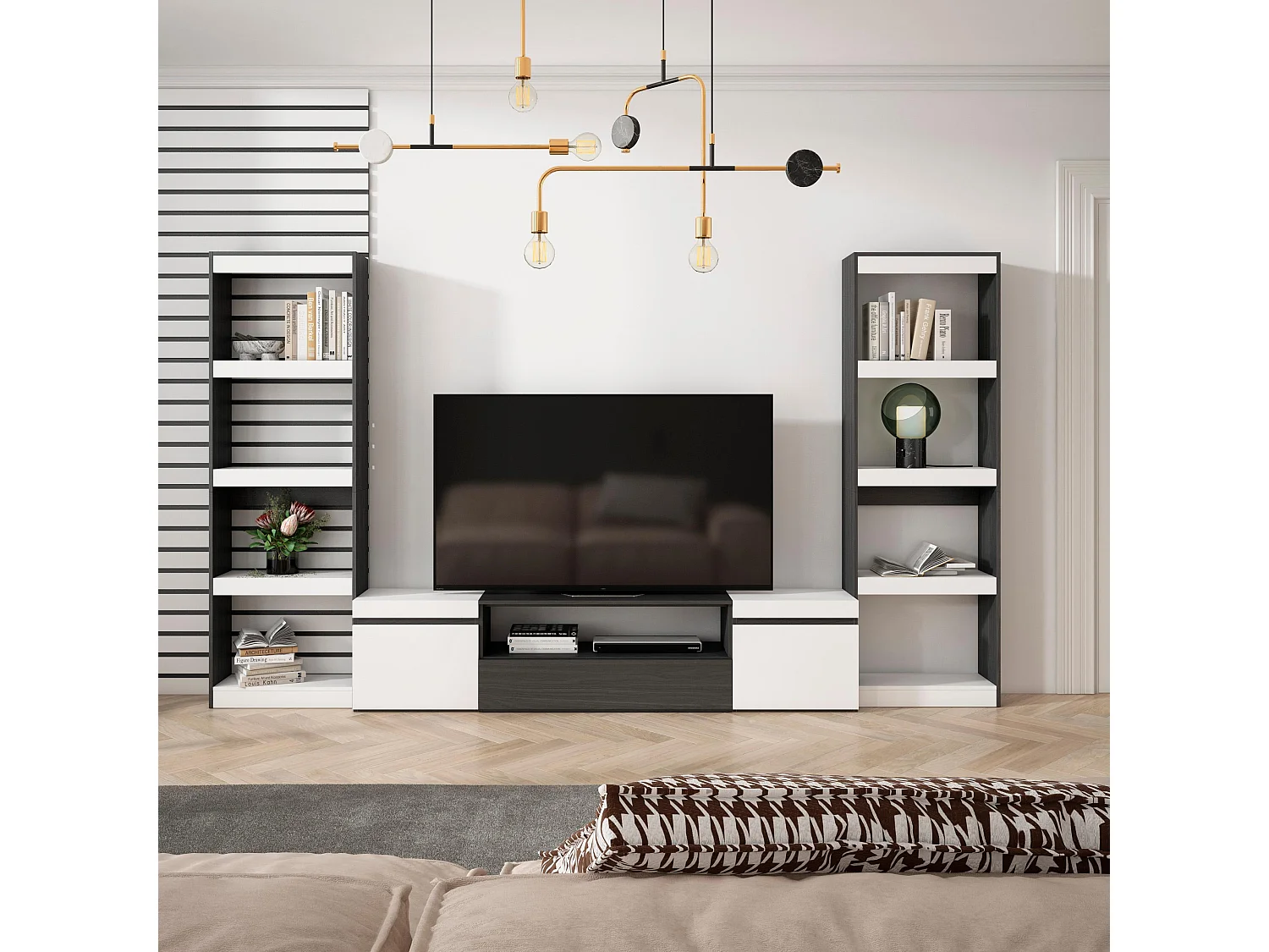 Ensemble Meuble TV, 320x186x35cm, Pour les TV jusqu'à 80", Salon Complet, Blanc et noir