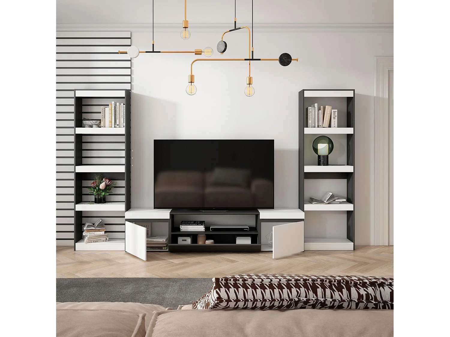 Ensemble Meuble TV, 320x186x35cm, Pour les TV jusqu'à 80", Salon Complet, Blanc et noir