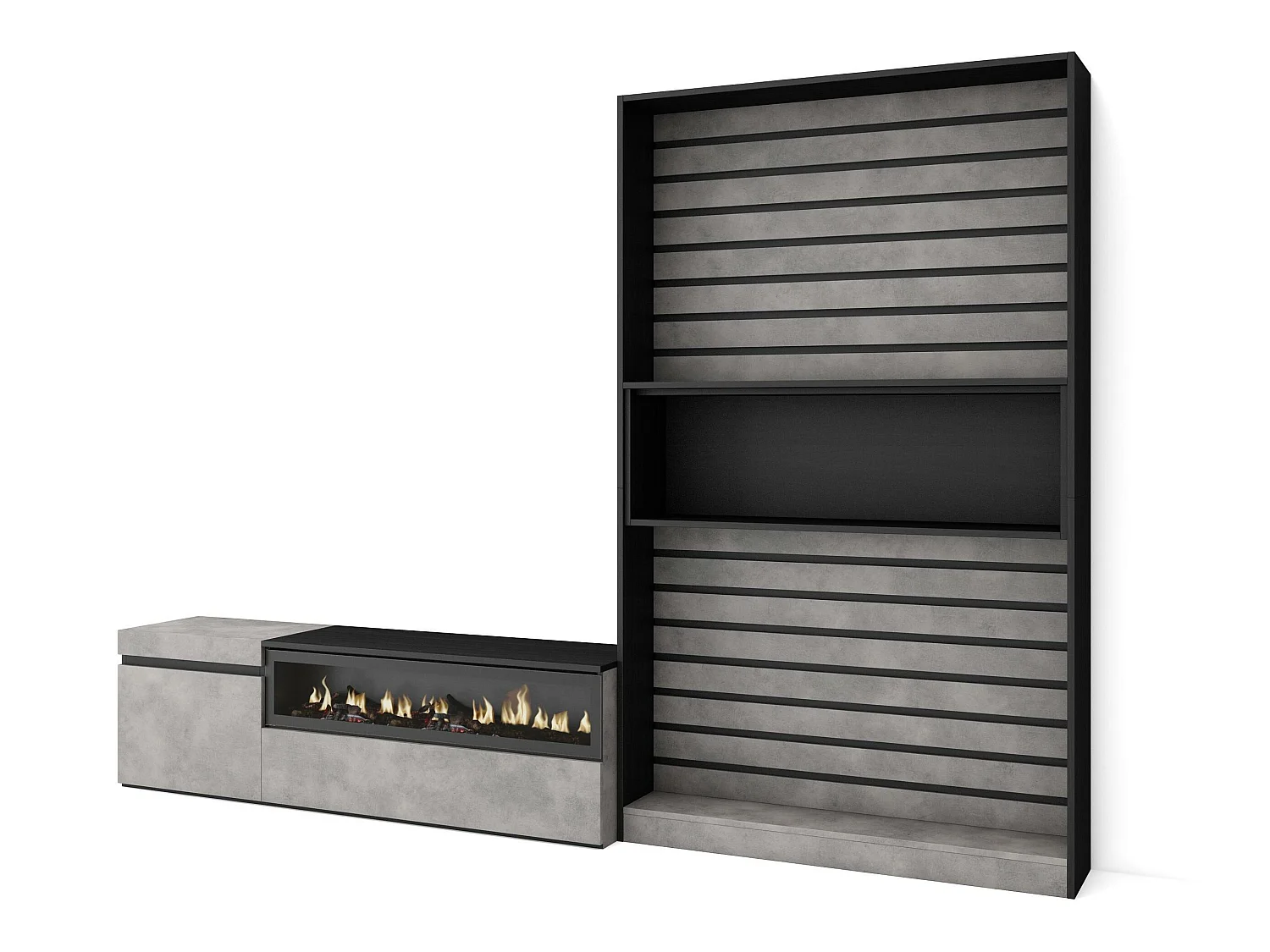 Ensemble Meuble TV, 260x186x35cm, Pour les TV jusqu'à 65", Cheminée électrique, Ciment