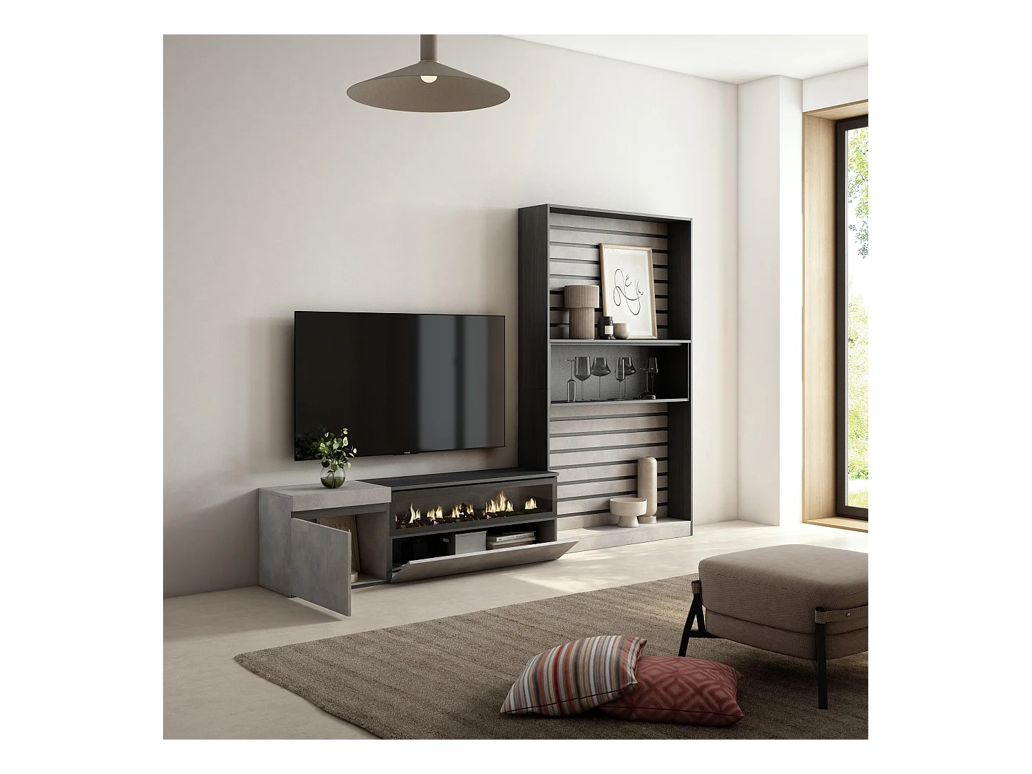 Ensemble Meuble TV, 260x186x35cm, Pour les TV jusqu'à 65", Cheminée électrique, Ciment