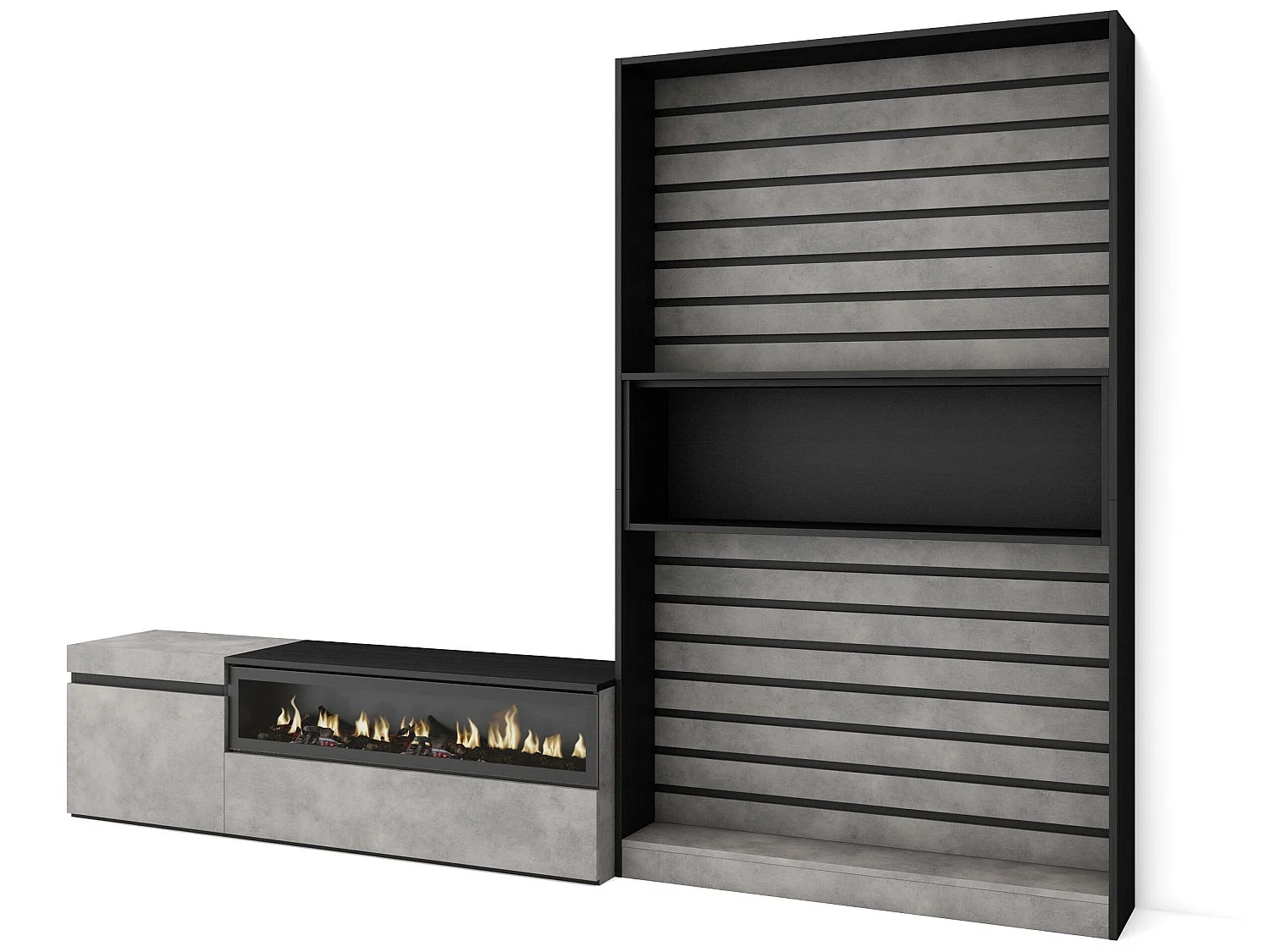 Ensemble Meuble TV, 260x186x35cm, Pour les TV jusqu'à 65", Cheminée électrique, Ciment