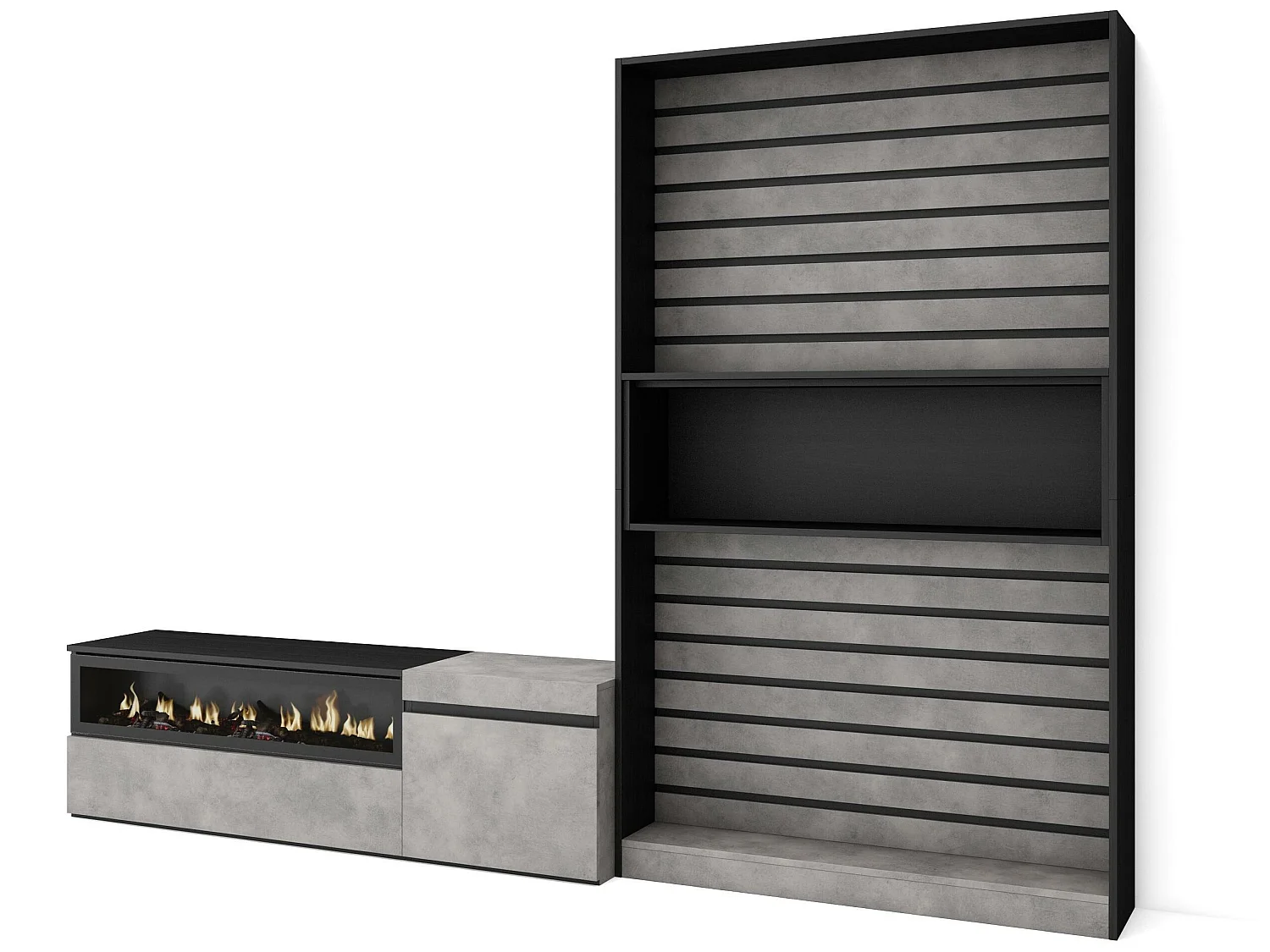 Ensemble Meuble TV, 260x186x35cm, Pour les TV jusqu'à 65", Cheminée électrique, Ciment