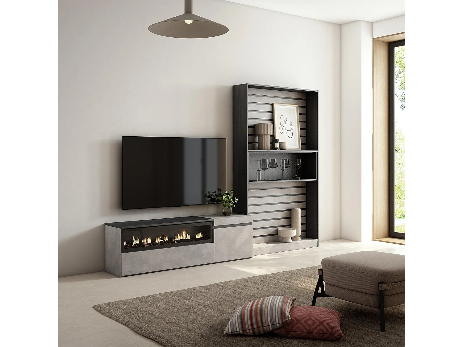 Ensemble Meuble TV, 260x186x35cm, Pour les TV jusqu'à 65", Cheminée électrique, Ciment