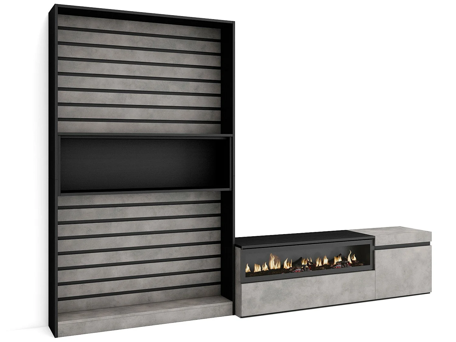 Ensemble Meuble TV, 260x186x35cm, Pour les TV jusqu'à 65", Cheminée électrique, Ciment