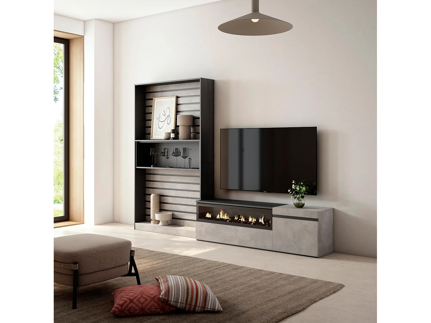 Ensemble Meuble TV, 260x186x35cm, Pour les TV jusqu'à 65", Cheminée électrique, Ciment