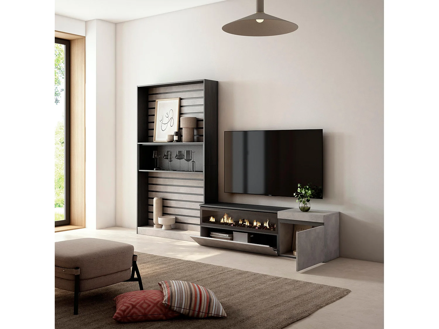 Ensemble Meuble TV, 260x186x35cm, Pour les TV jusqu'à 65", Cheminée électrique, Ciment
