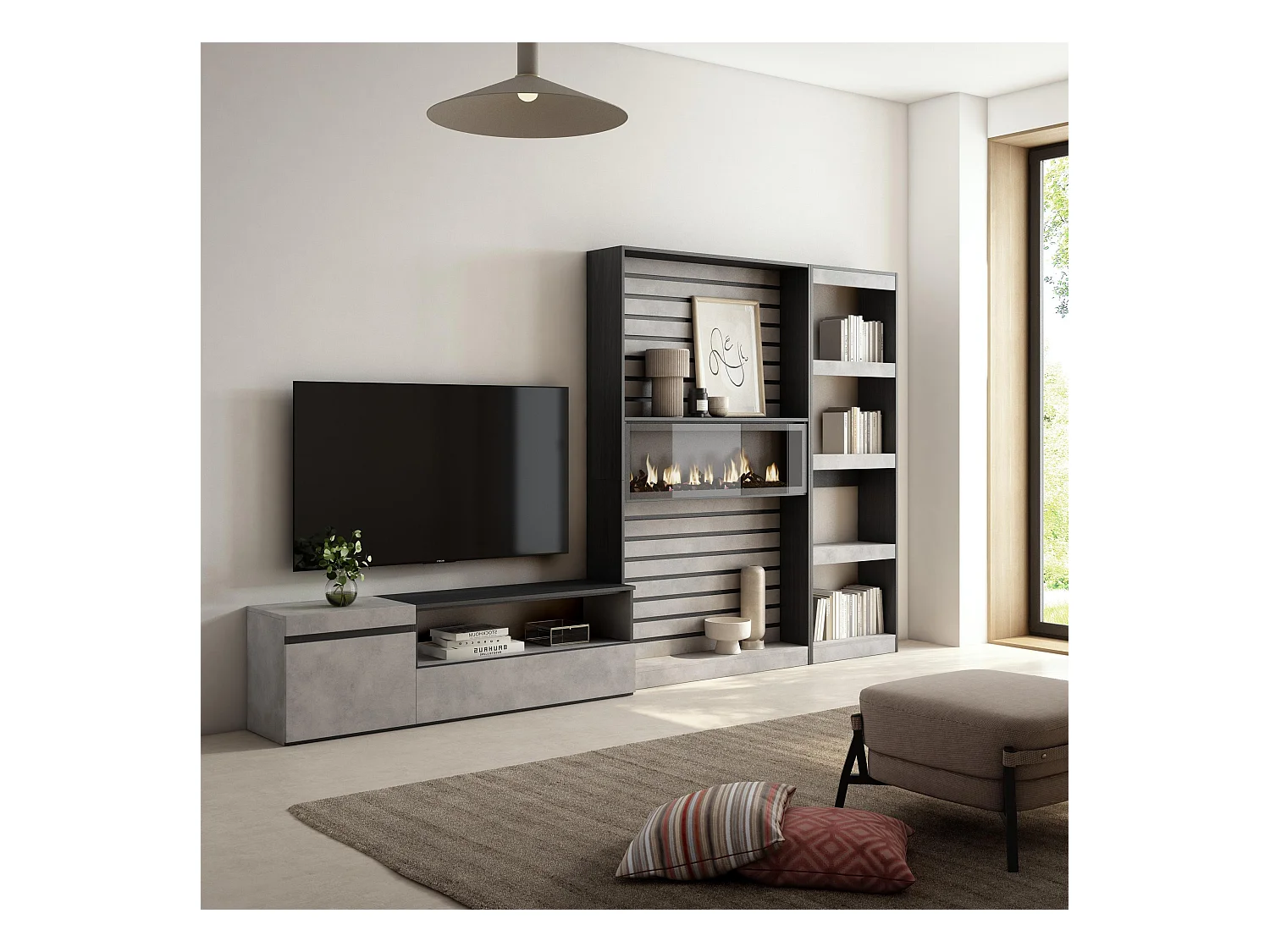 Ensemble Meuble TV, 320x186x35cm, Cheminée électrique, Ciment