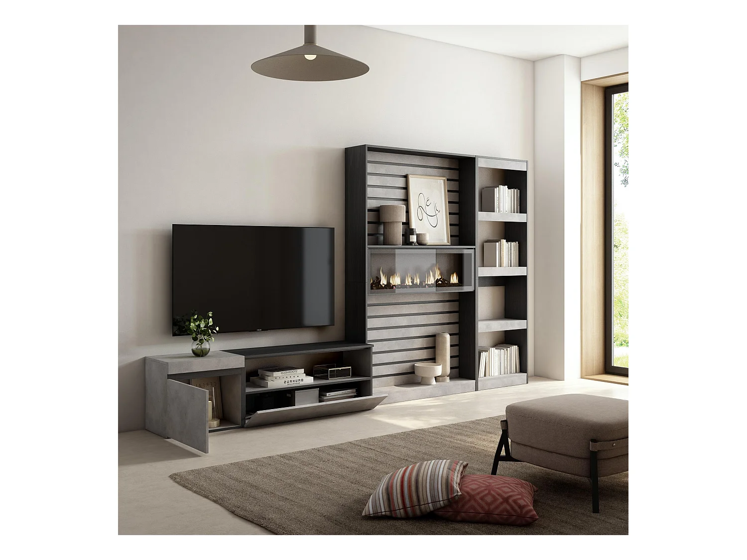 Ensemble Meuble TV, 320x186x35cm, Cheminée électrique, Ciment