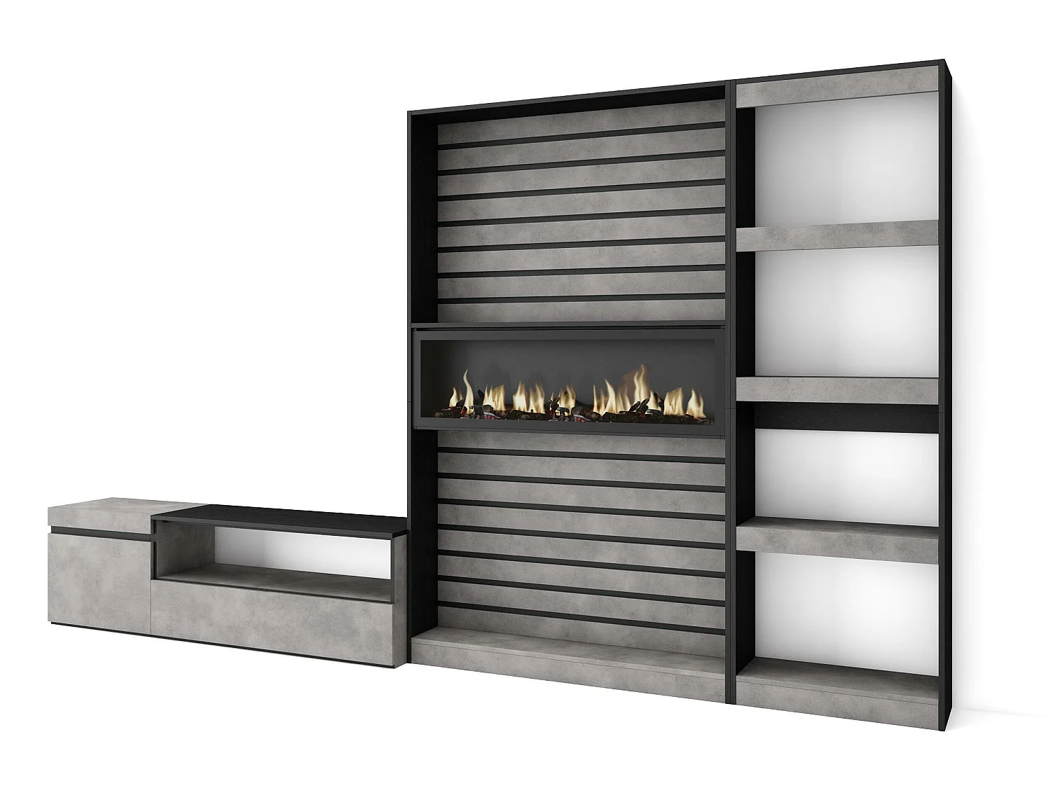 Ensemble Meuble TV, 320x186x35cm, Cheminée électrique, Ciment