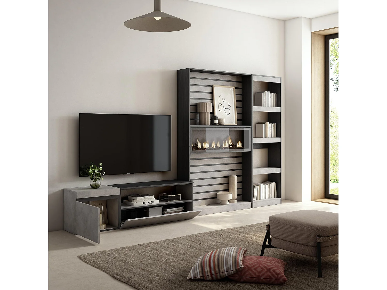 Ensemble Meuble TV, 320x186x35cm, Cheminée électrique, Ciment