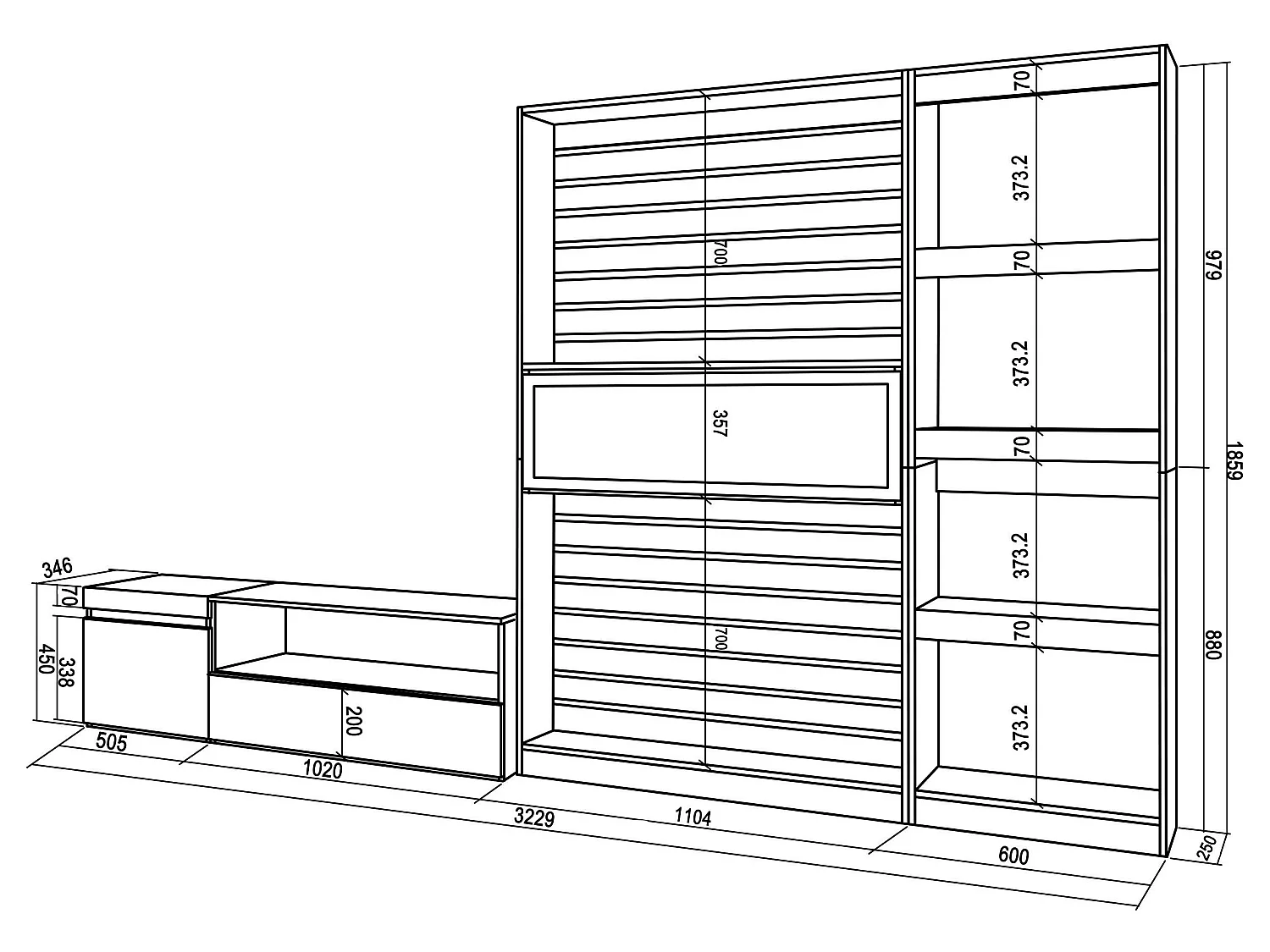Ensemble Meuble TV, 320x186x35cm, Cheminée électrique, Ciment