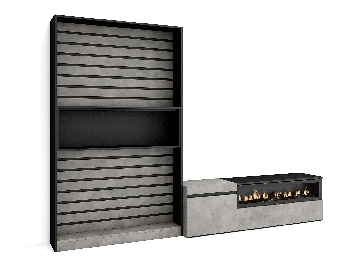 Ensemble Meuble TV, 260x186x35cm, Pour les TV jusqu'à 65", Cheminée électrique, Ciment